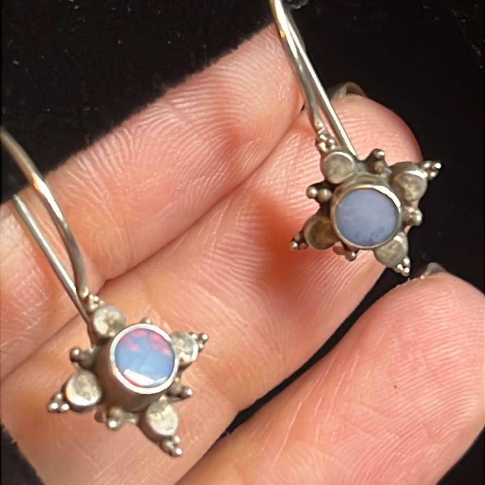 Sterling silver and opal starburst small earrings stamped 925